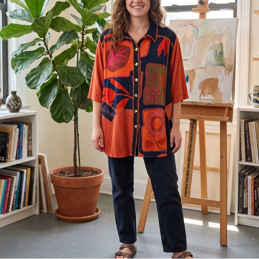 Vintage BOP Womens Button Up Shirt 3X Art to Wear Patchwork Oversized Boho Artsy